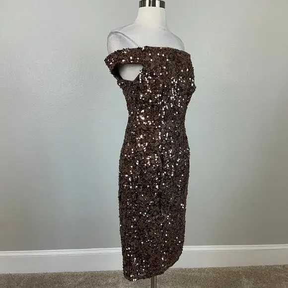 Adrianna Papell Sequin Lace Off the Shoulder Cocktail Dress Copper Brown  Size 4 - coffeafoods.com